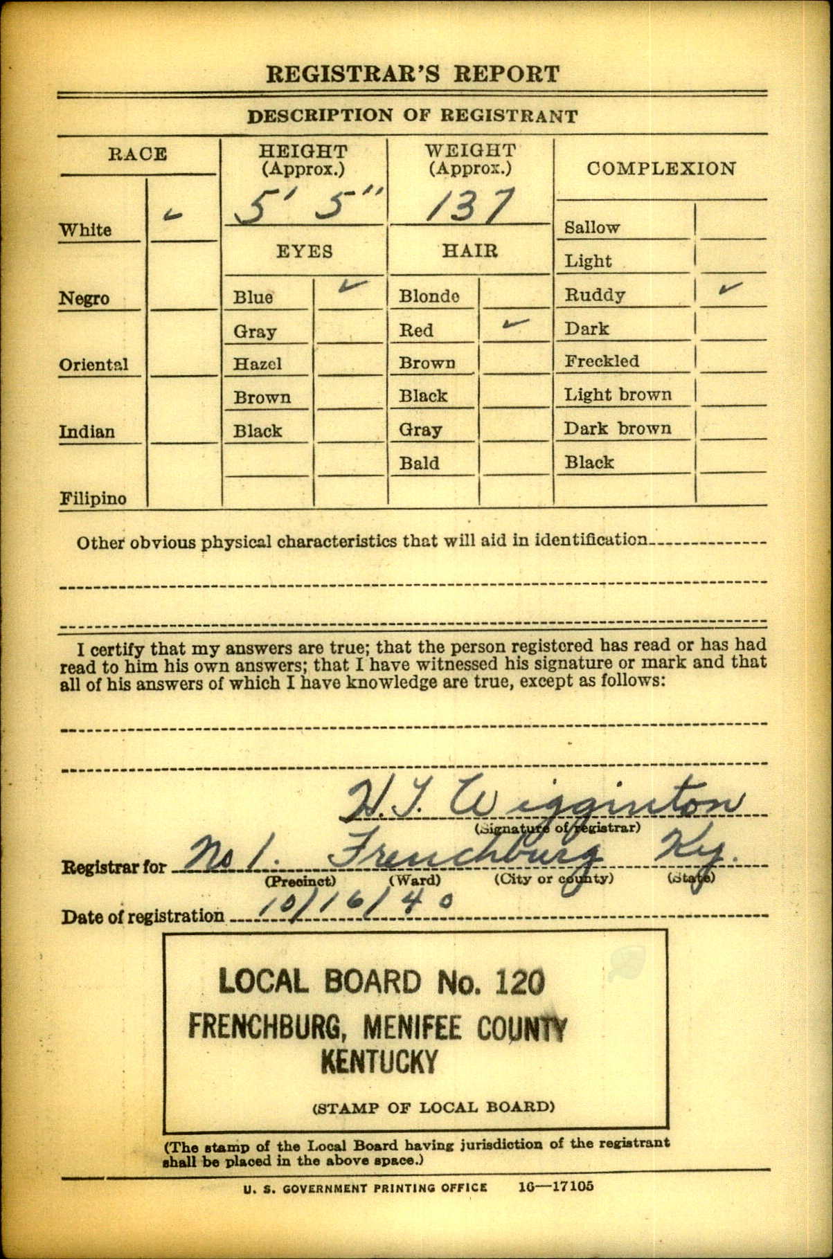 WW2 Draft Card Back – Bennie Rogers