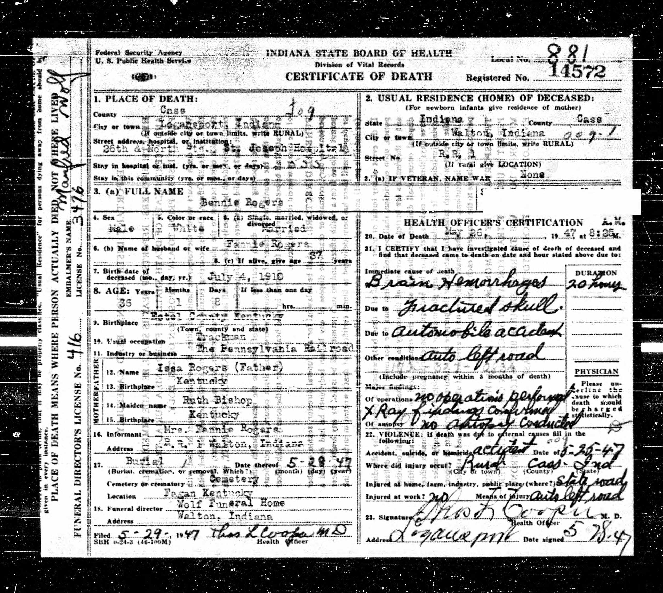 Benny Rogers Death Certificate