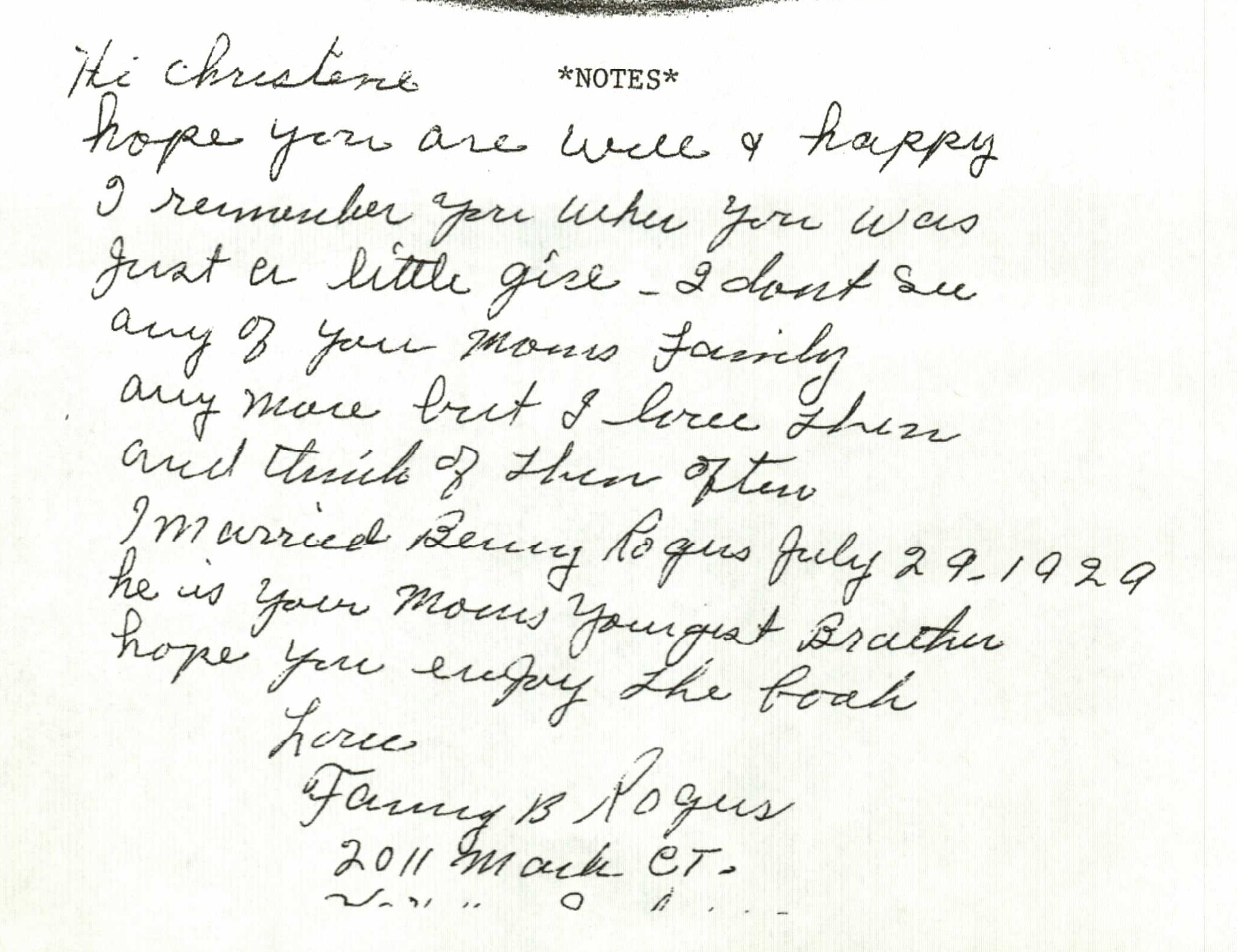 Handwritten note from Fanny B. Rogers