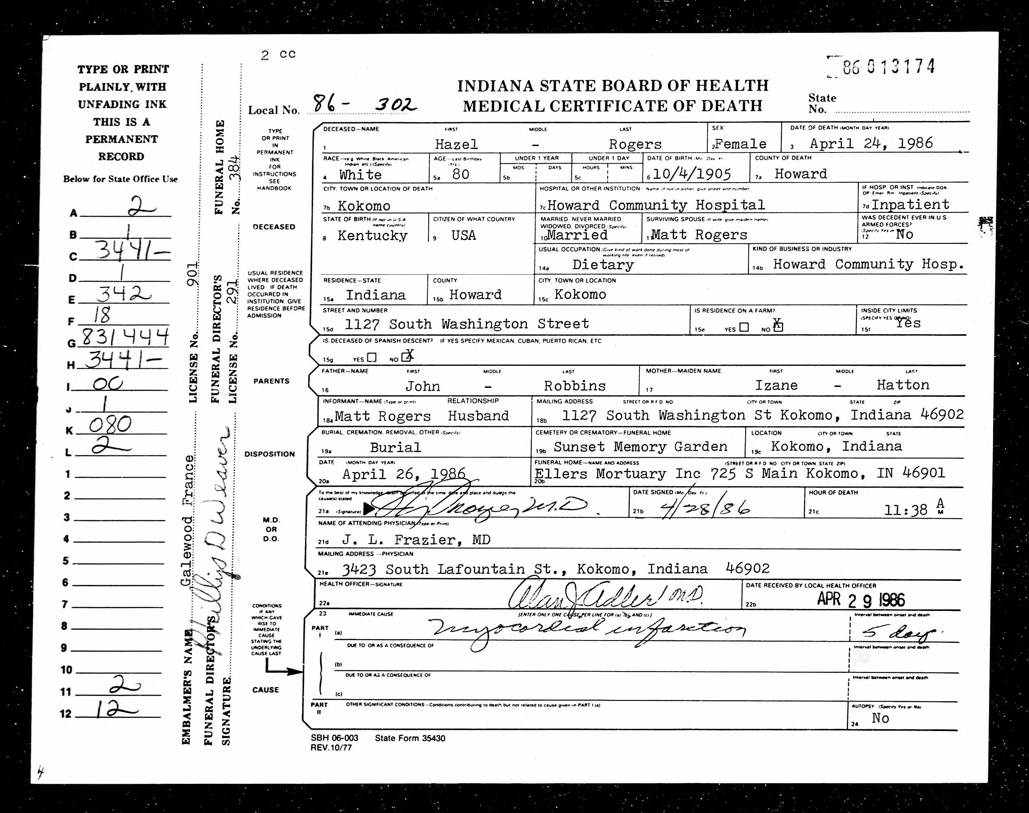 Hazel Rogers Death Certificate