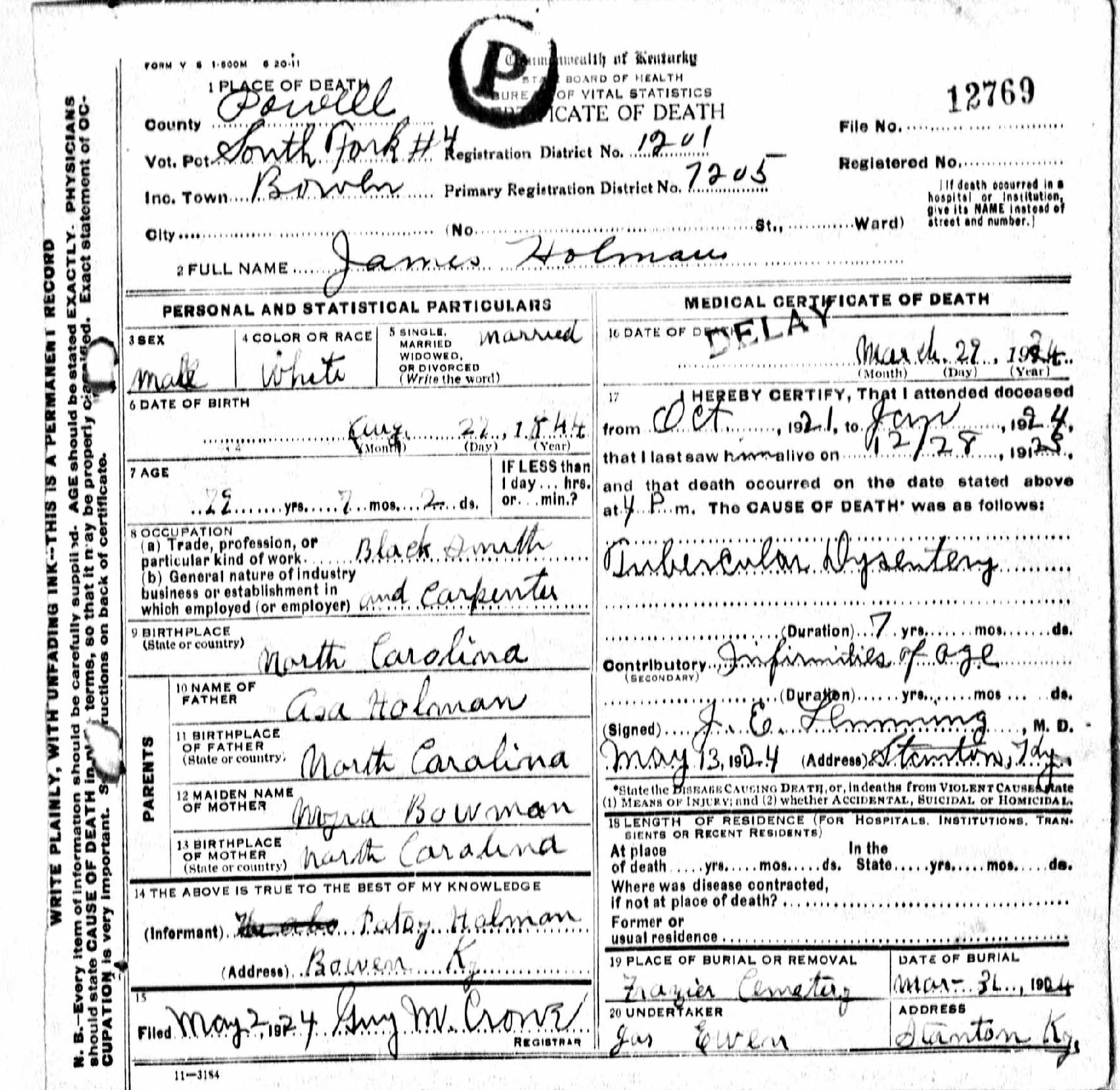 James Holman Death Certificate