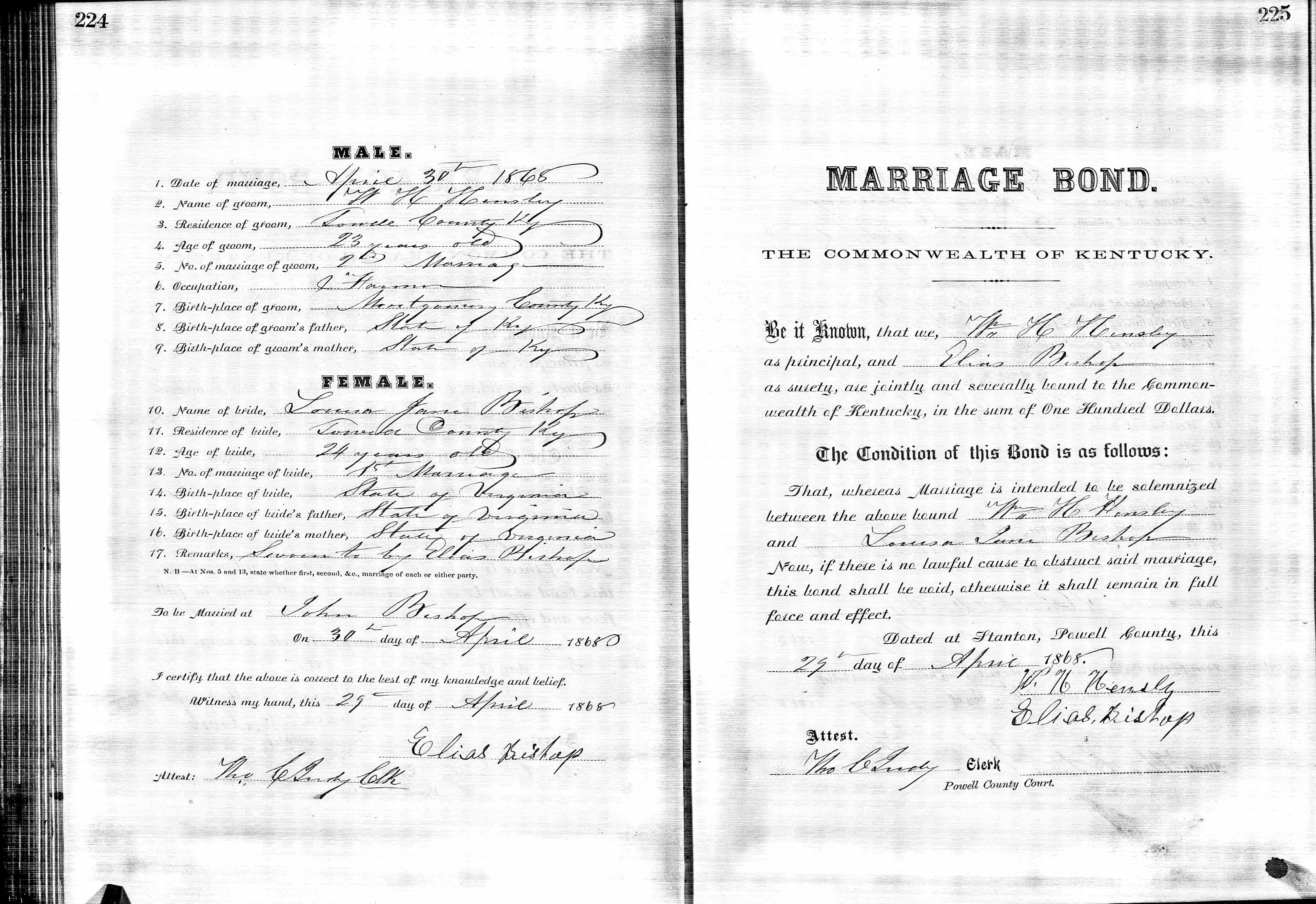 Marriage Record of William Hensley and Louisa Bishop