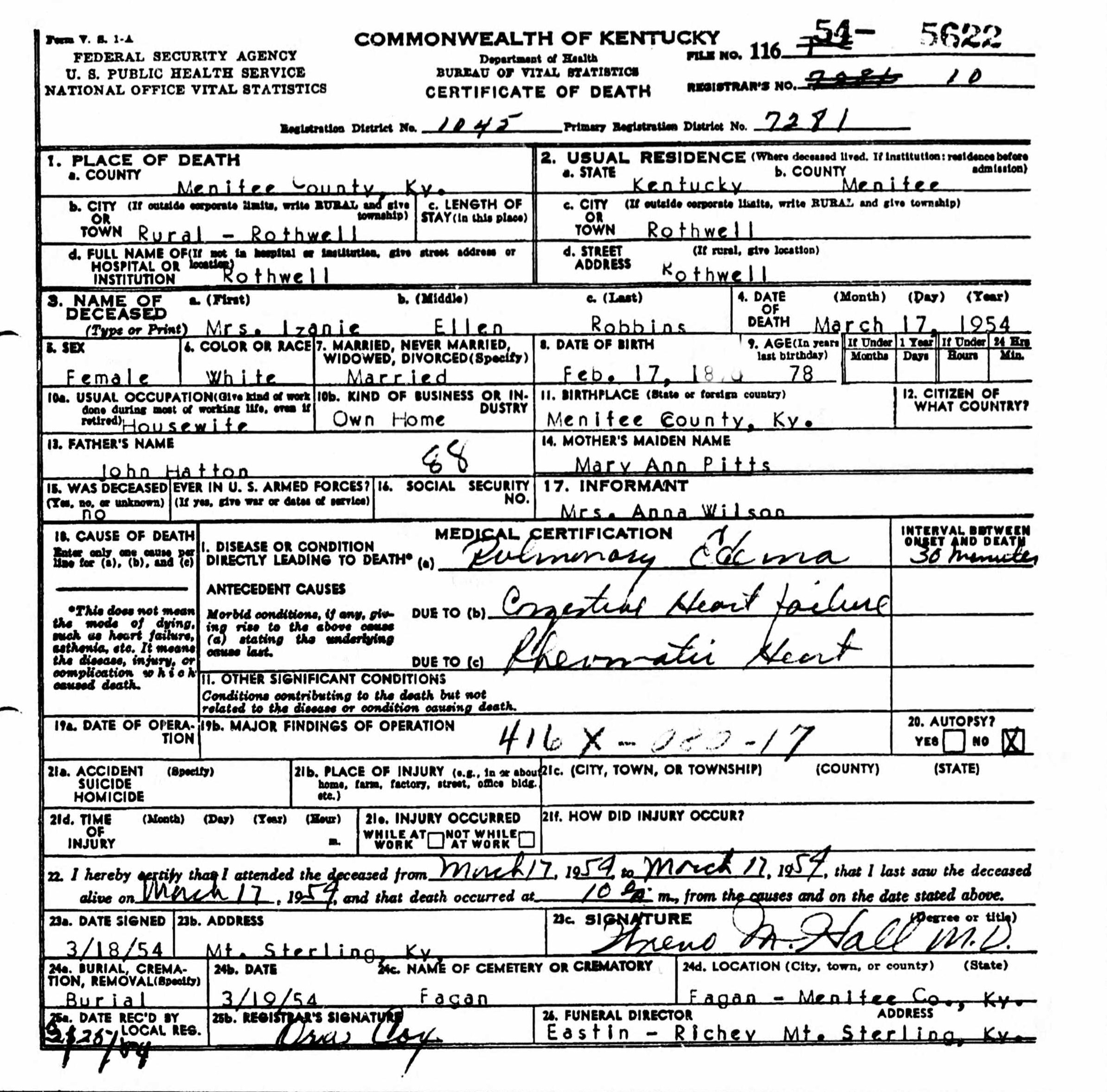 Izane Robbins Death Certificate