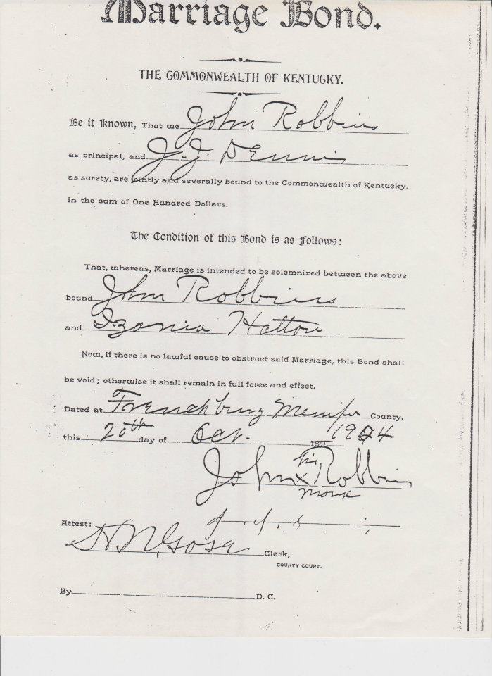 Marriage bond for John and Izane Robbins