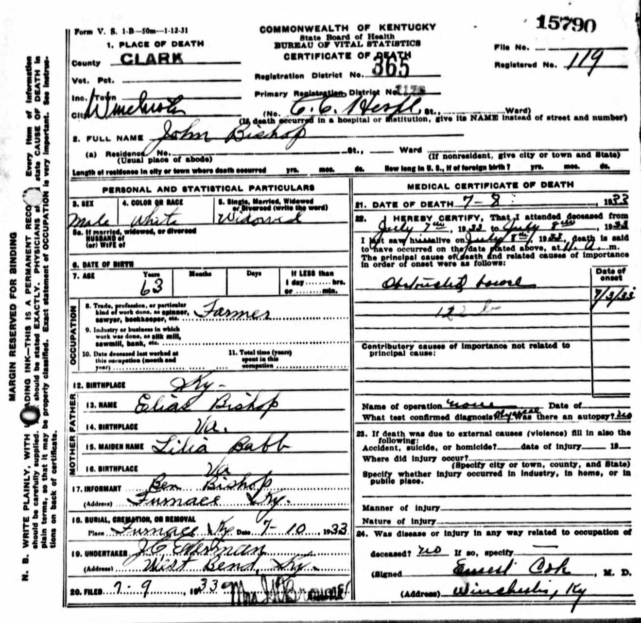 John Bishop Death Certificate
