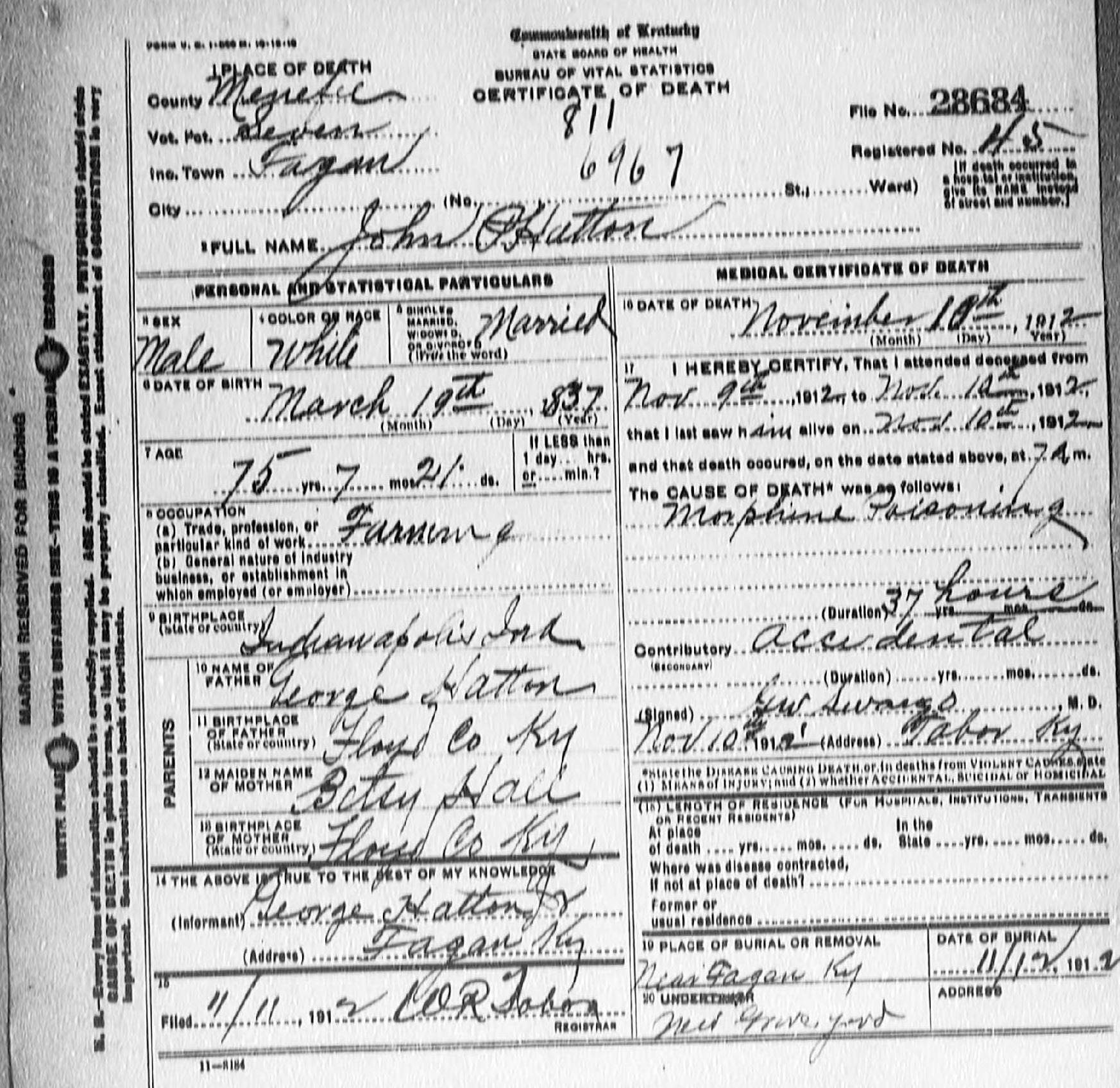 Death certificate of John Preston Hatton