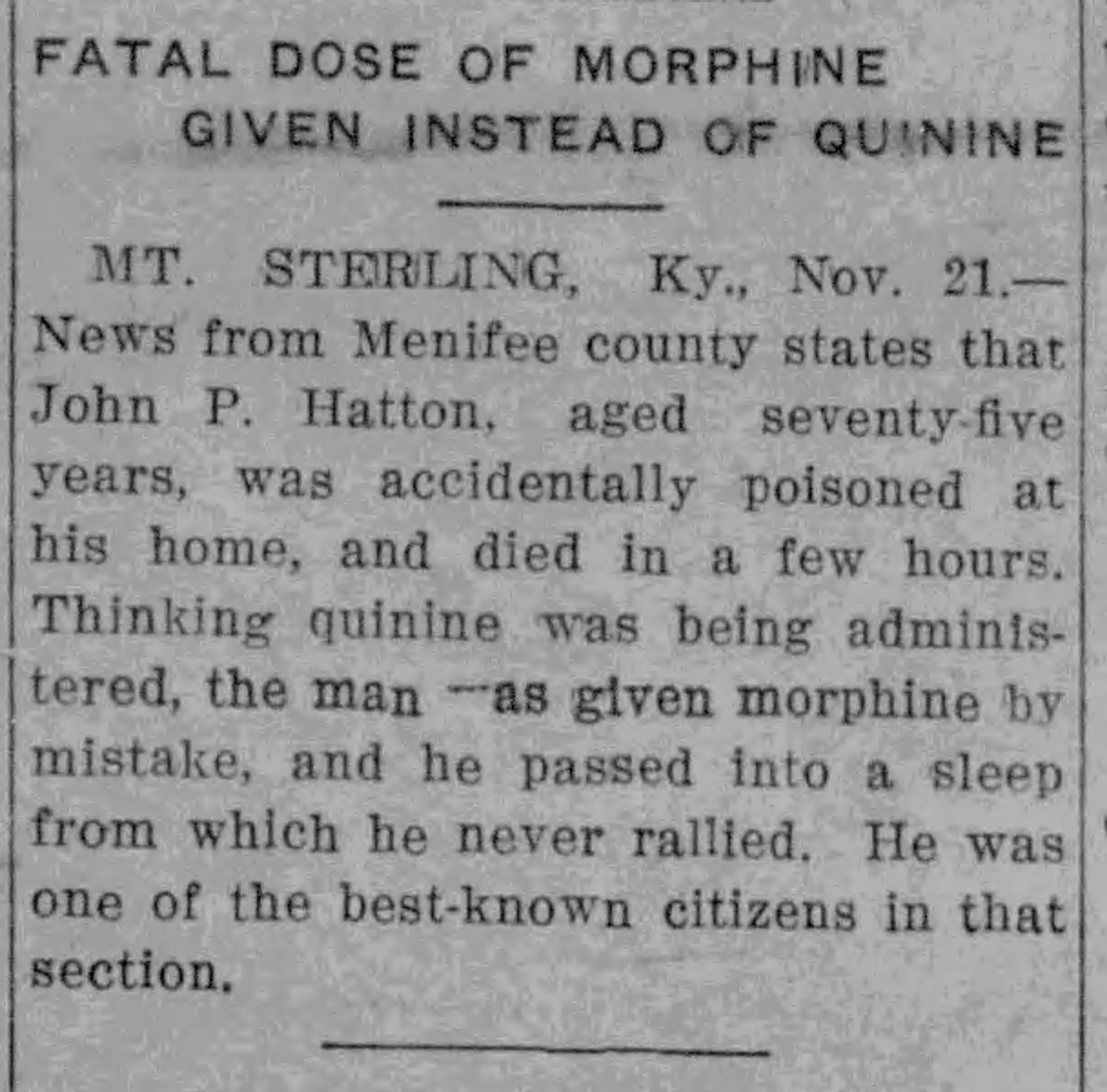 Newspaper notice about the death of John Preston Hatton