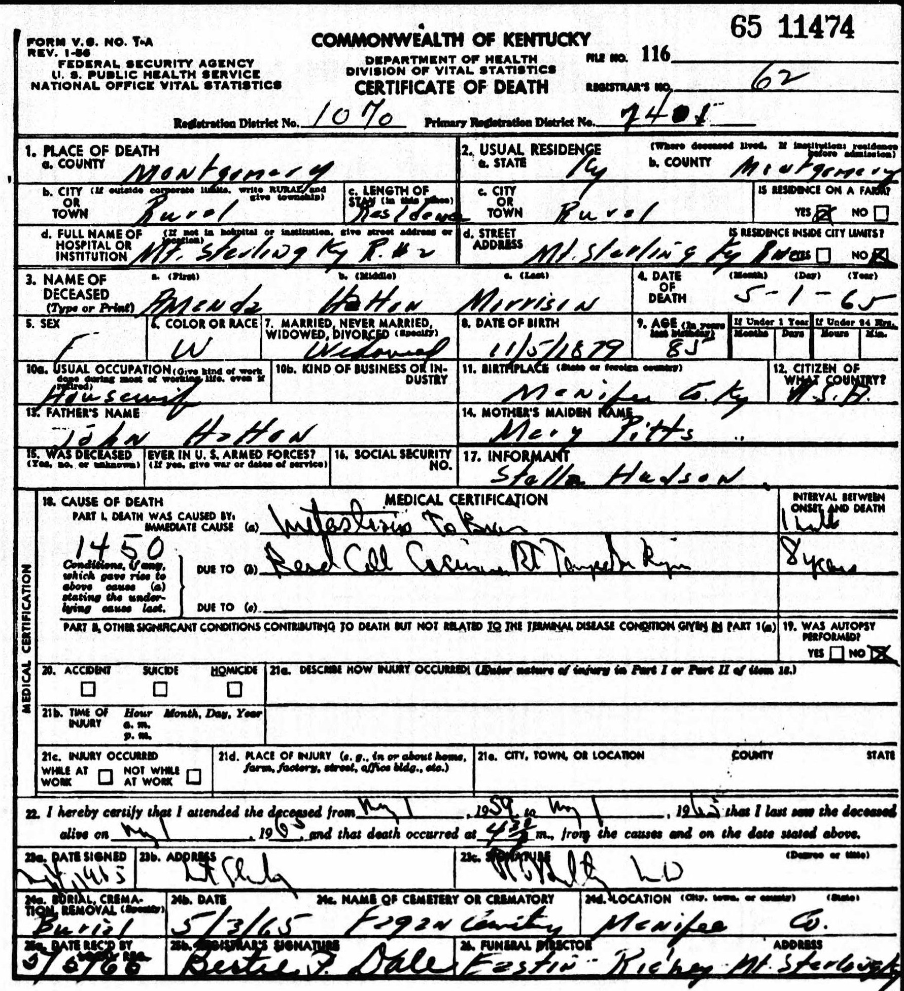 Death certificate for Amanda Hatton Morrison