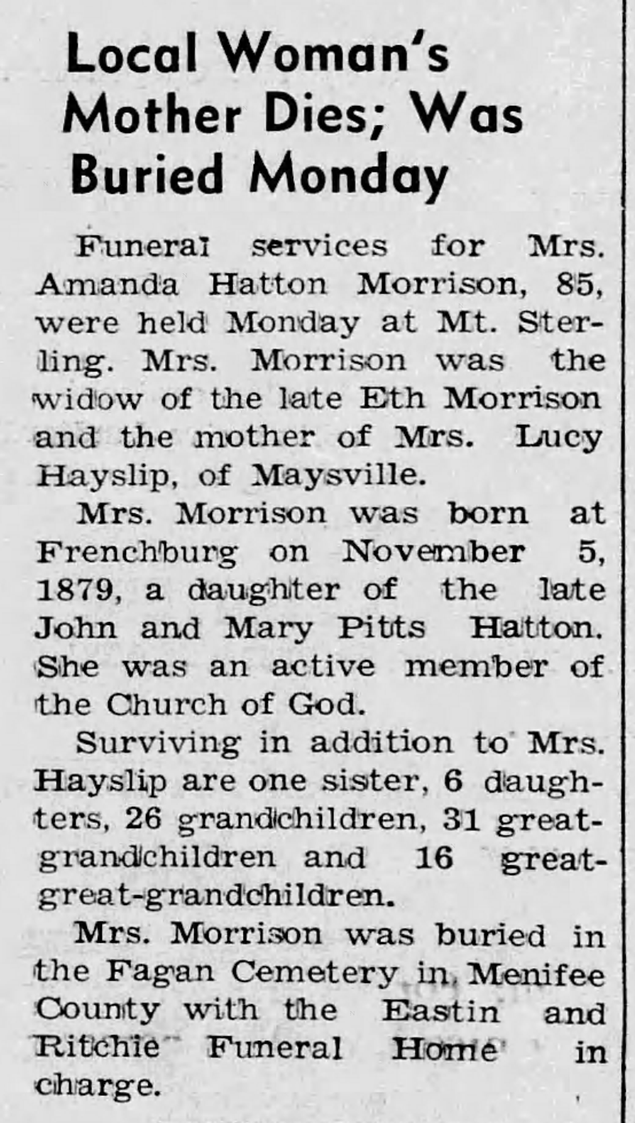 Newspaper obituary for Amanda Hatton Morrison from 1965