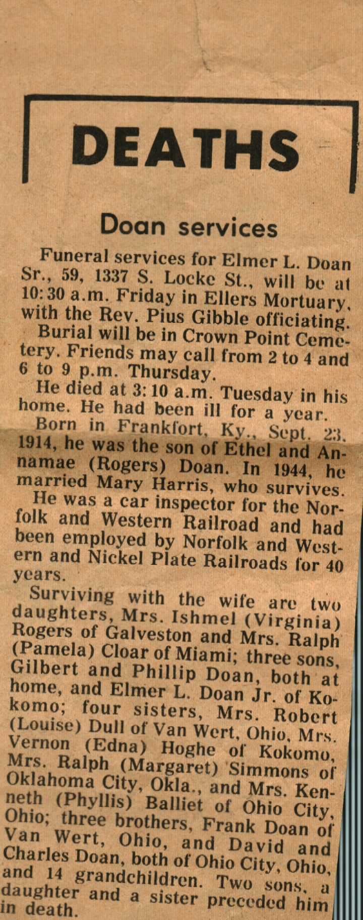 Obituary for Elmer Lee Doan Sr.