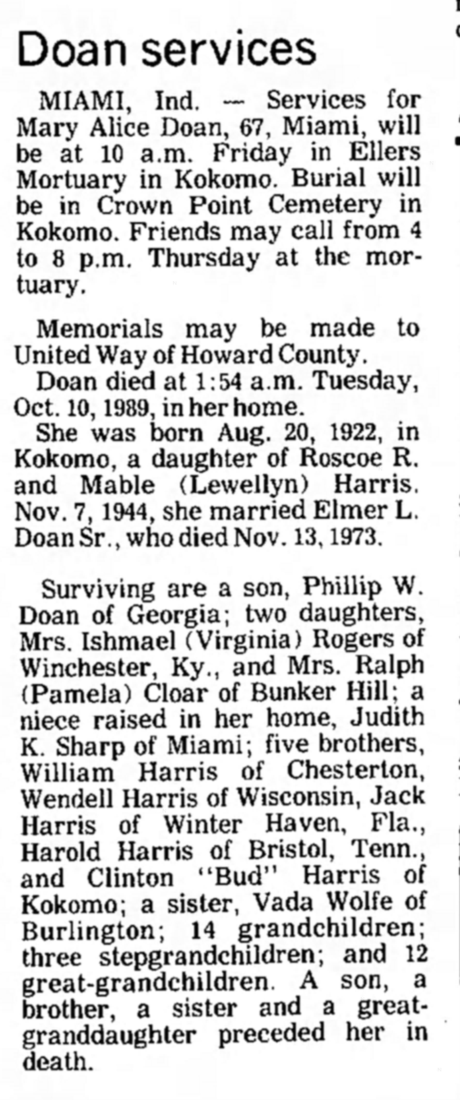 Obituary for Mary Alice Doan