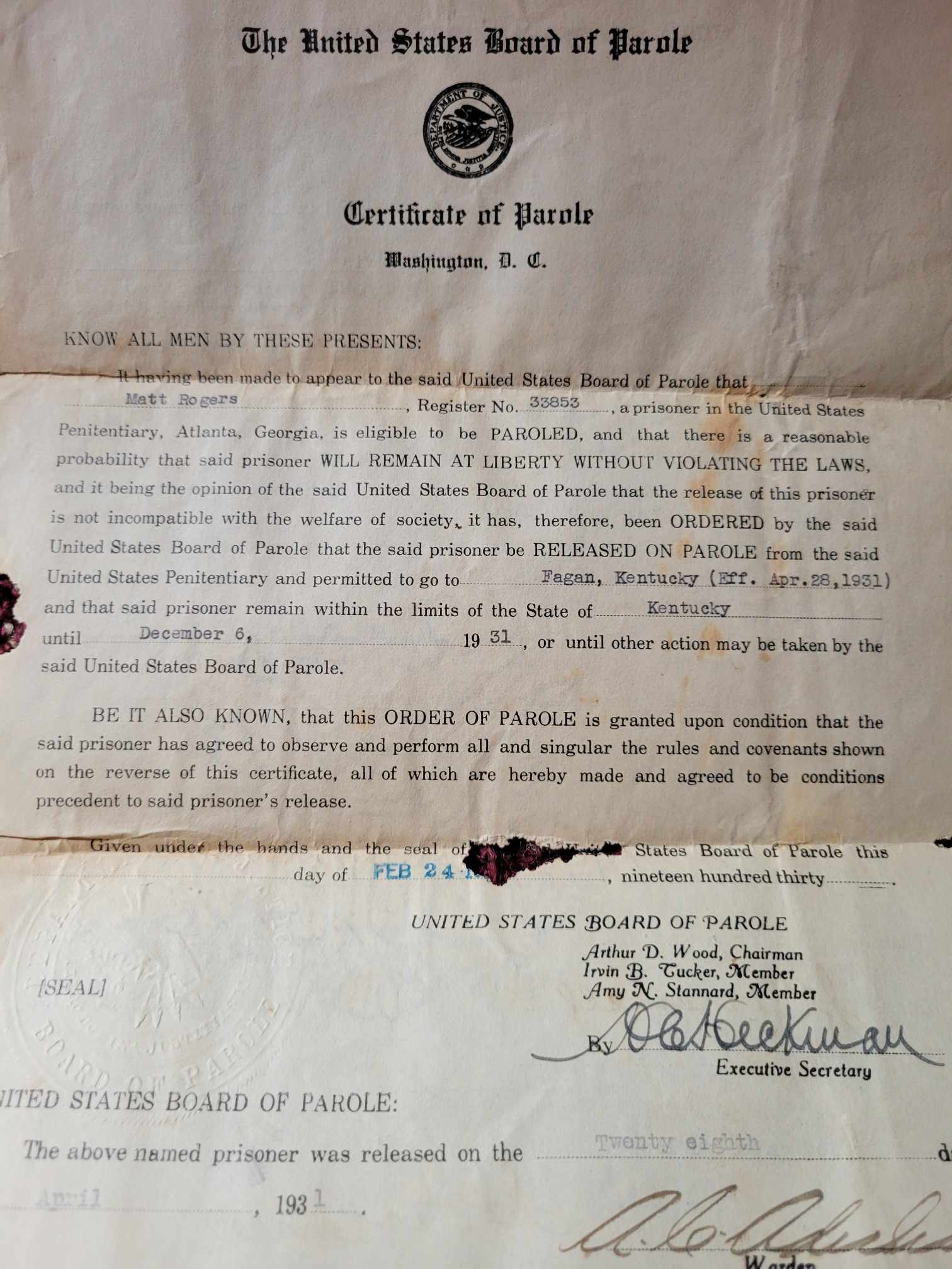 Matt Rogers Parole Certificate