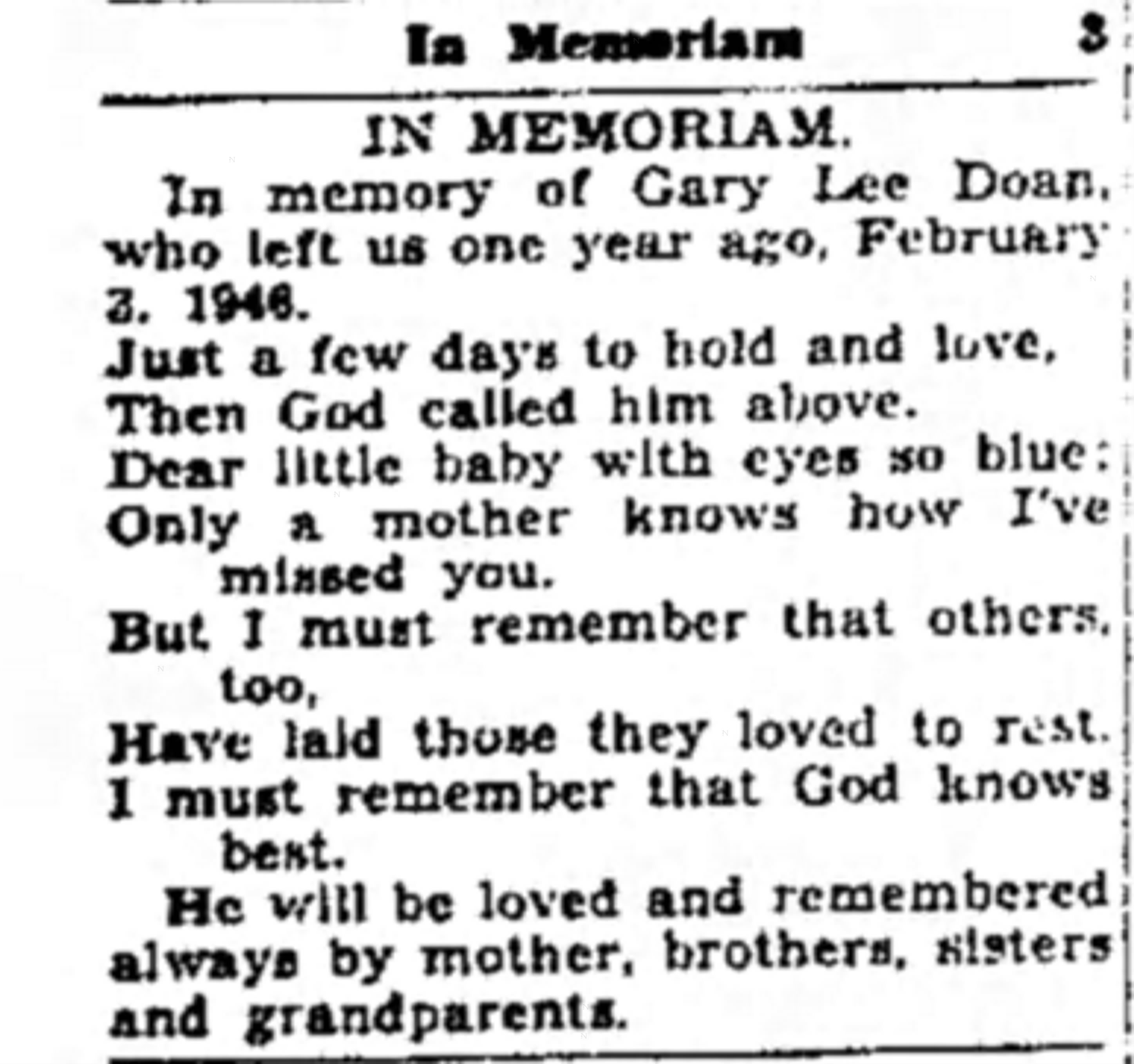 In Memoriam for Gary Lee Doan – 1947